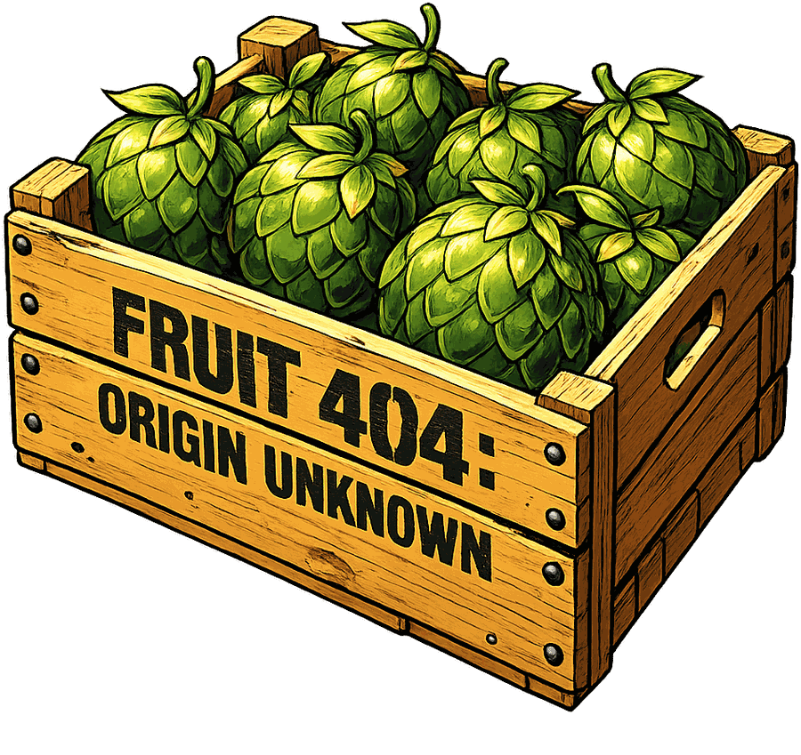 Cassetta di legno con la scritta FRUIT 404 ORIGIN UNKNOWN, dentro agrumi carciofo verdi