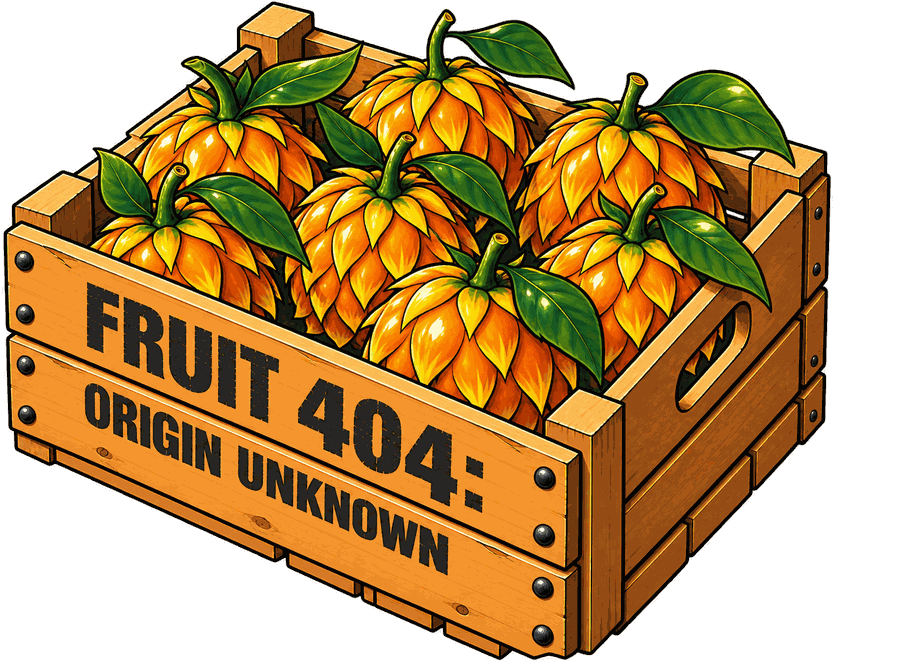 Cassetta di legno con la scritta FRUIT 404 ORIGIN UNKNOWN, dentro agrumi carciofo arancioni