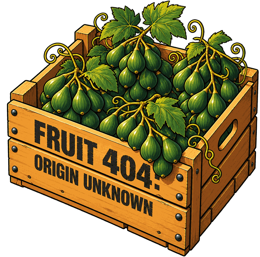 Cassetta di legno con la scritta FRUIT 404 ORIGIN UNKNOWN, dentro fichi verdi a grappolo