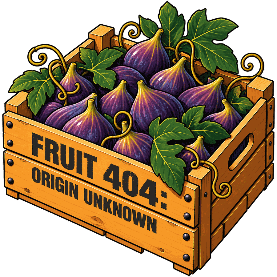 Cassetta di legno con la scritta FRUIT 404 ORIGIN UNKNOWN, dentro fichi viola a grappolo