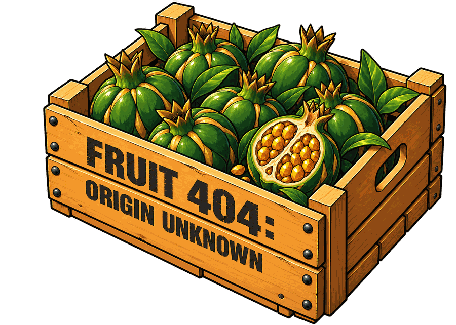 Cassetta di legno con la scritta FRUIT 404 ORIGIN UNKNOWN, dentro melograni a spicchi verdi e oro