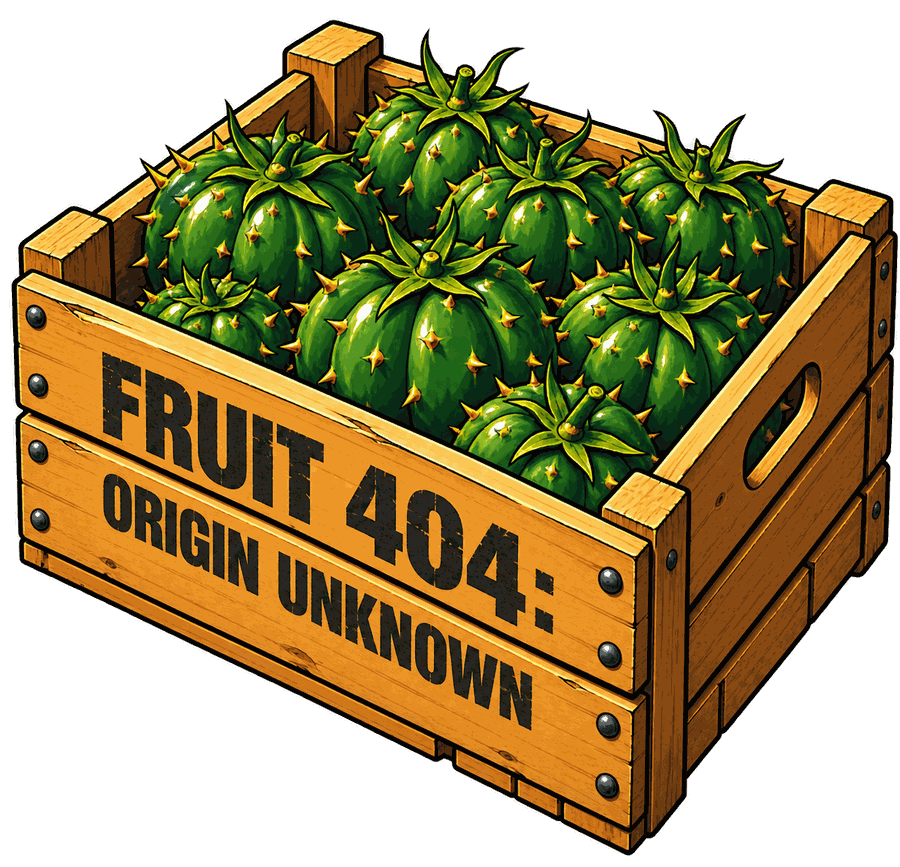 Cassetta di legno con la scritta FRUIT 404 ORIGIN UNKNOWN, dentro pomodori spinosi verdi