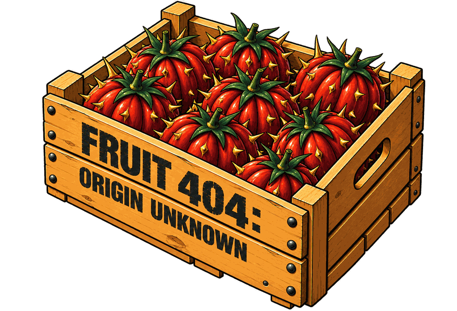 Cassetta di legno con la scritta FRUIT 404 ORIGIN UNKNOWN, dentro pomodori spinosi rossi