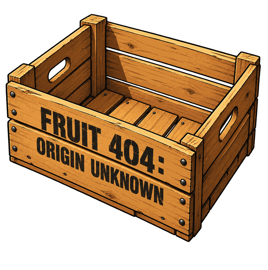 Cassetta di legno con la scritta FRUIT 404 ORIGIN UNKNOWN, dentro niente
