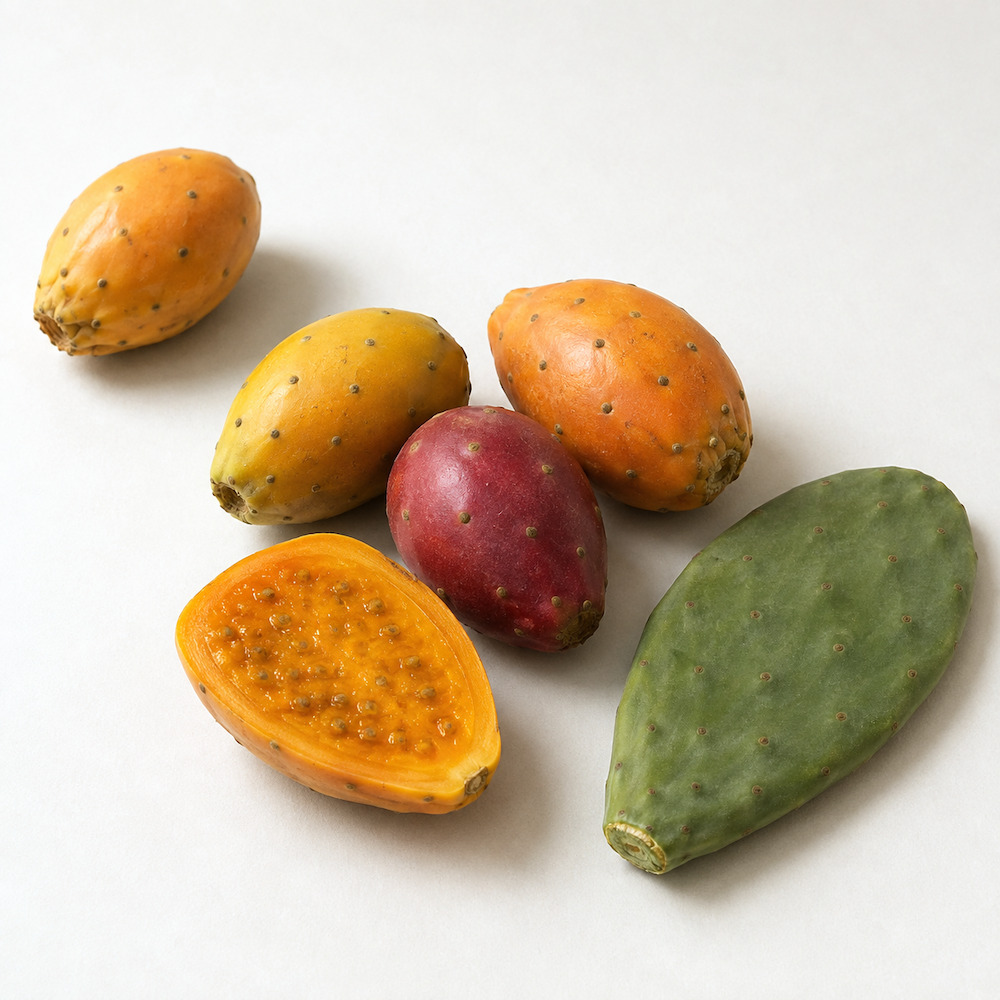 Fichi d'India di Sicilia nei tre colori gialli, arancioni e rossi, uno aperto con la polpa e i semi, accanto una pala verde