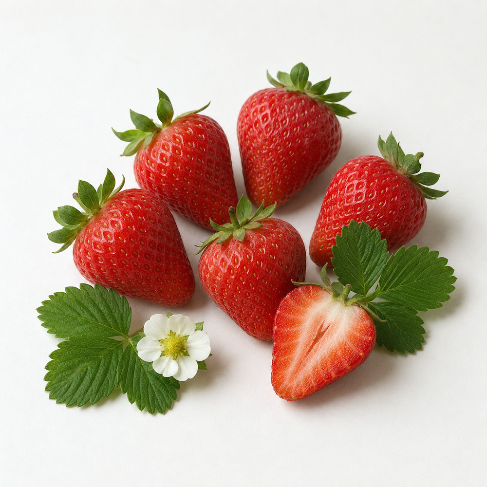 Fragole di Marsala con il picciolo verde, una tagliata a metà, accanto foglie e un fiore bianco