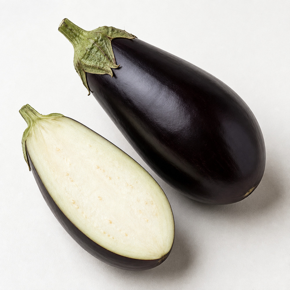 Melanzana nera di Santa Croce Camerina con il calice verde, accanto una metà tagliata con la polpa bianca