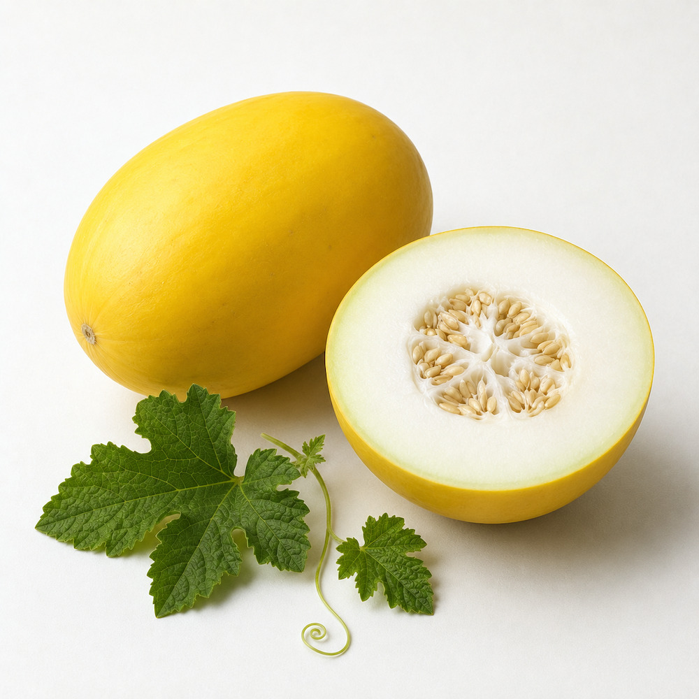 Melone giallo di Marsala intero a buccia liscia, accanto una metà con la polpa bianca e i semi al centro