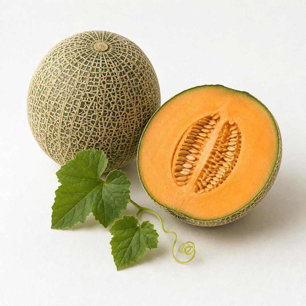 Melone retato di Licata intero con la retatura in rilievo, accanto una metà con la polpa arancione e i semi