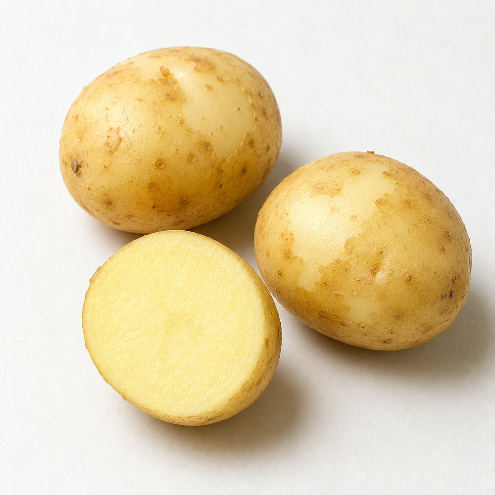 Patate novelle di Siracusa dalla buccia sottile, una tagliata a metà con la polpa gialla