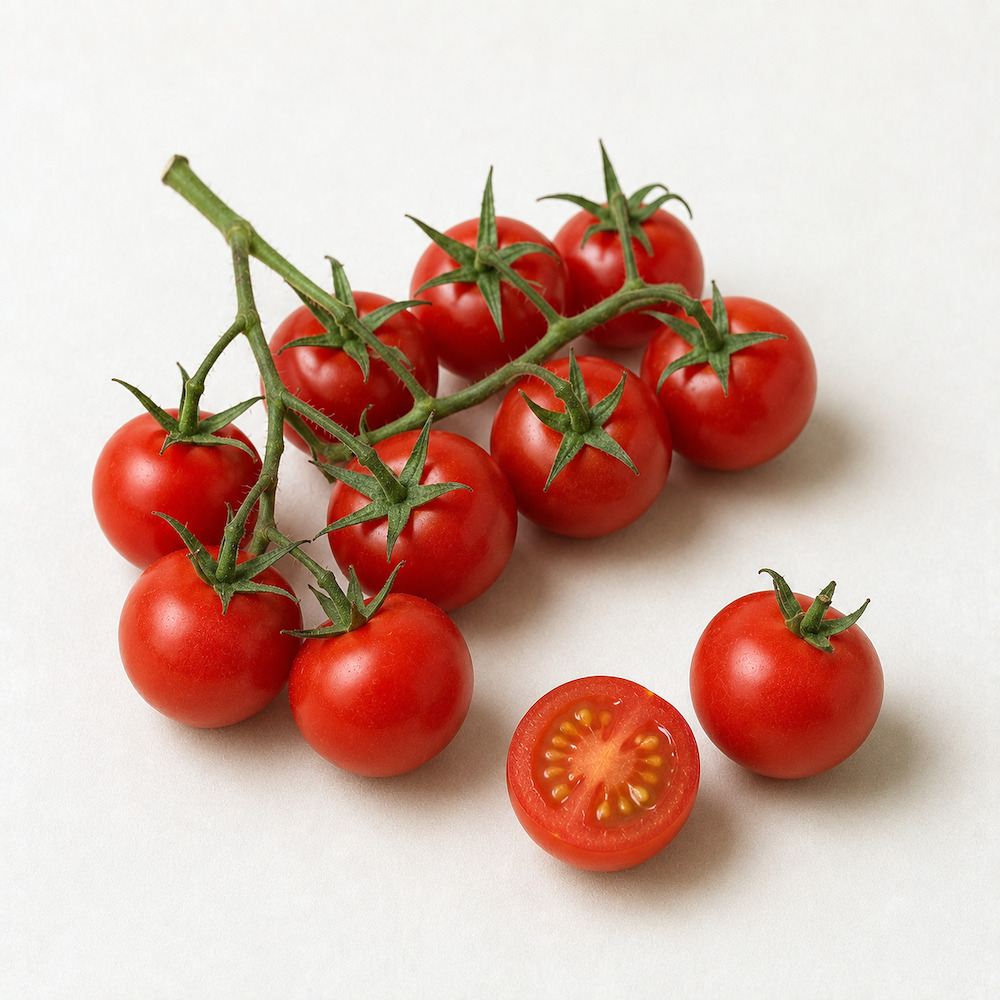 Pomodori ciliegino di Donnalucata sul rametto, con un frutto tagliato a metà accanto
