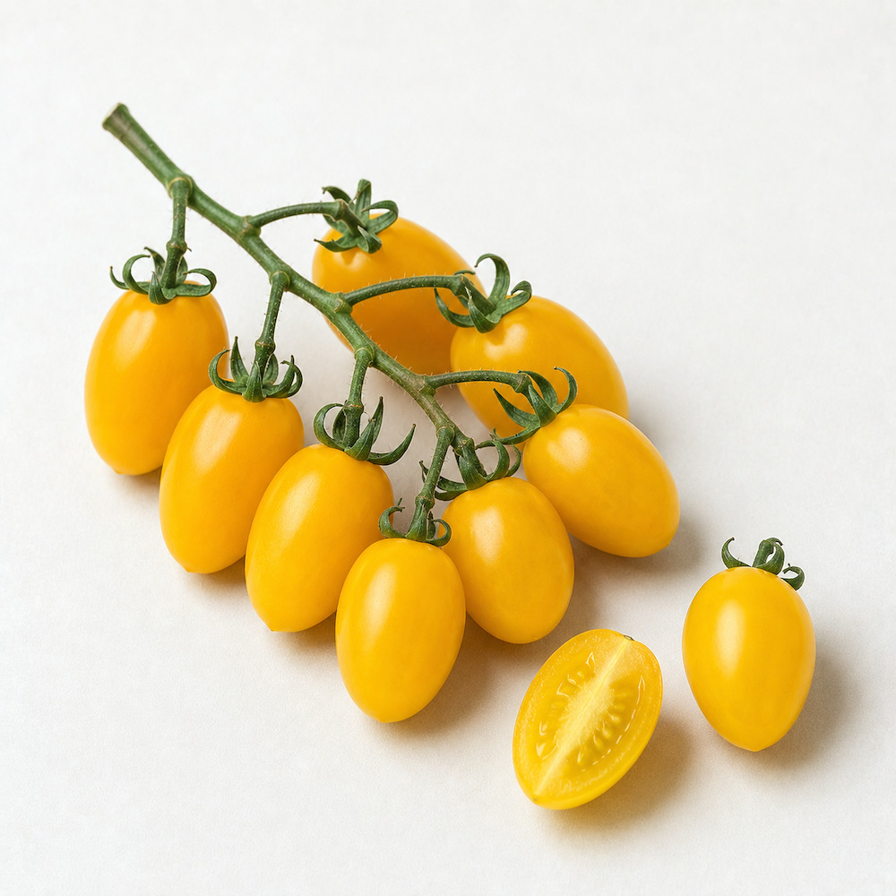 Pomodori datterino gialli di Donnalucata sul rametto, con un frutto tagliato per il lungo