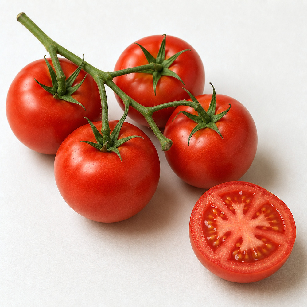 Pomodori rossi a grappolo di Donnalucata attaccati al raspo verde, con un frutto tagliato a metà