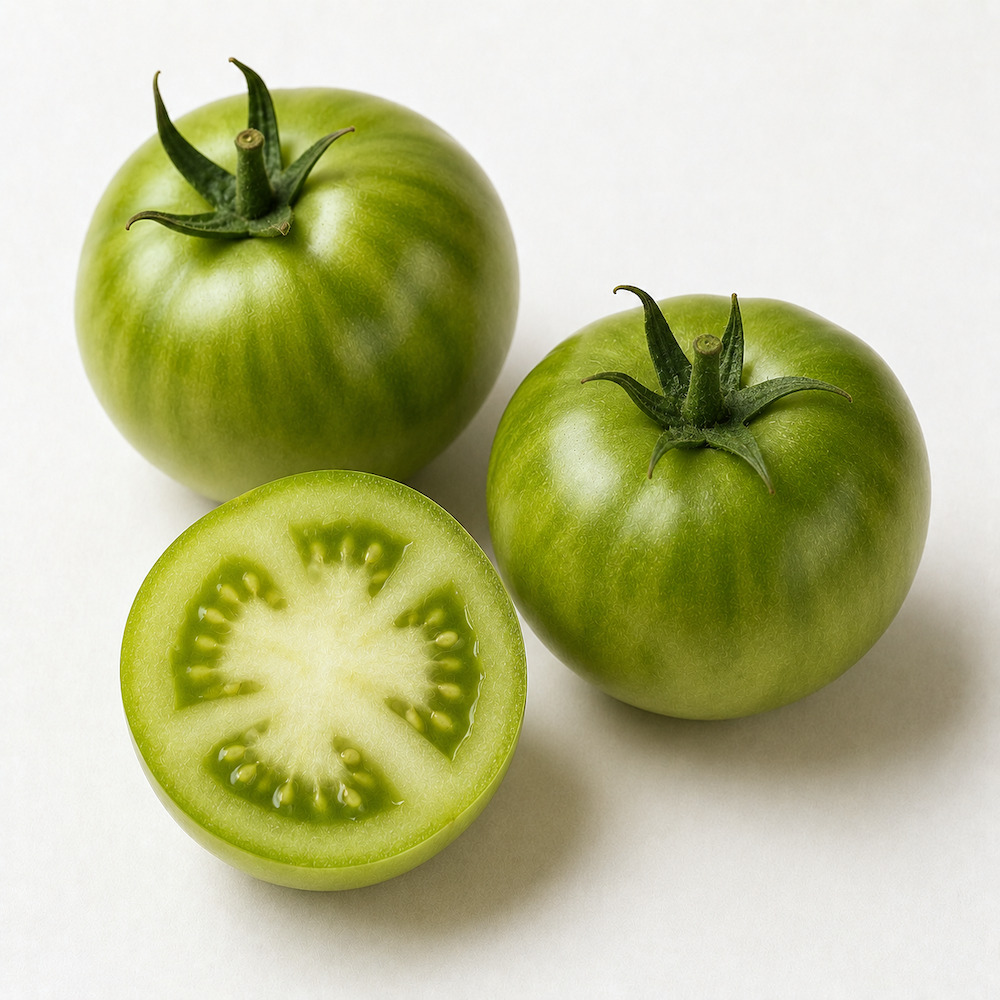 Pomodori verdi tondi di Licata con il calice stellato, uno tagliato a metà con la polpa soda