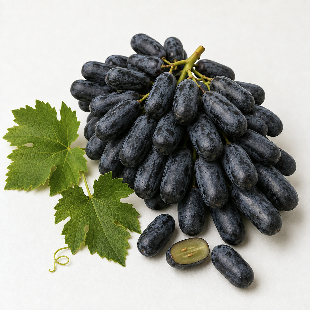 Grappolo di uva Palieri dagli acini neri e allungati, accanto acini staccati e uno tagliato, con foglie di vite