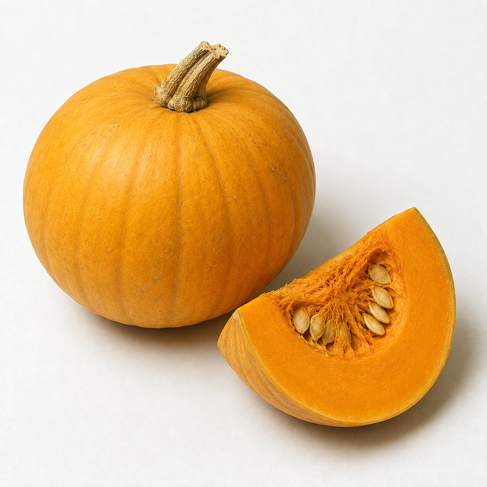 Zucca gialla di Corleone intera con il peduncolo legnoso, accanto una fetta con la polpa arancione e i semi