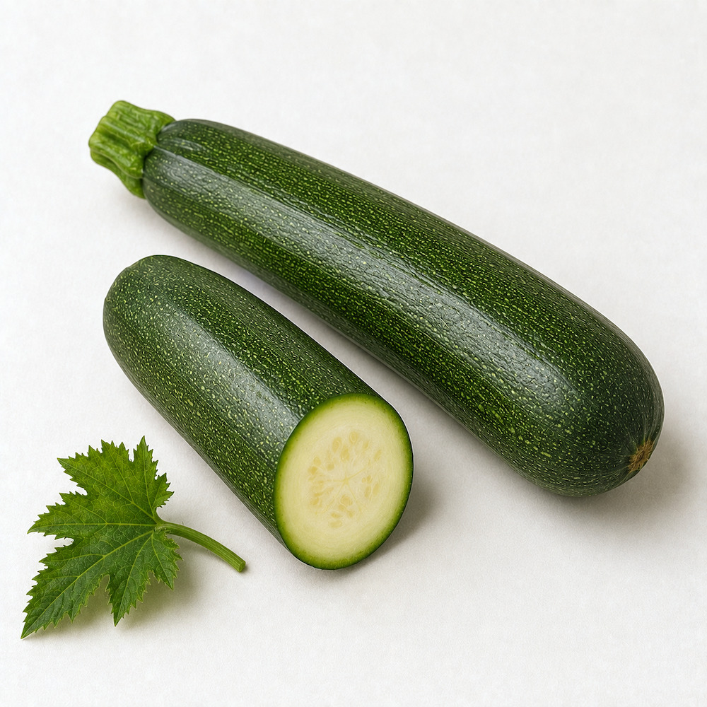 Zucchine verdi scure di Licata dalla buccia puntinata, una tagliata mostra la polpa chiara